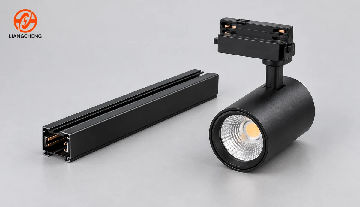 Complete track rail sample and track spotlight with adapter shown side by side for compatibility review