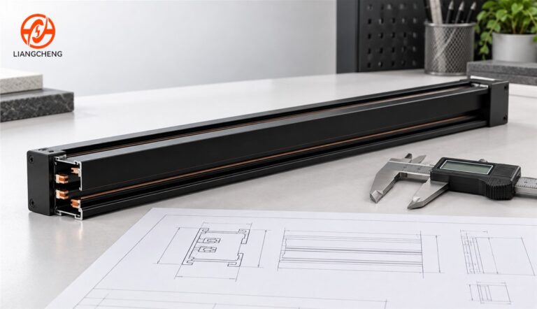 Illustrative track rail segment and caliper on a dimensioned engineering drawing
