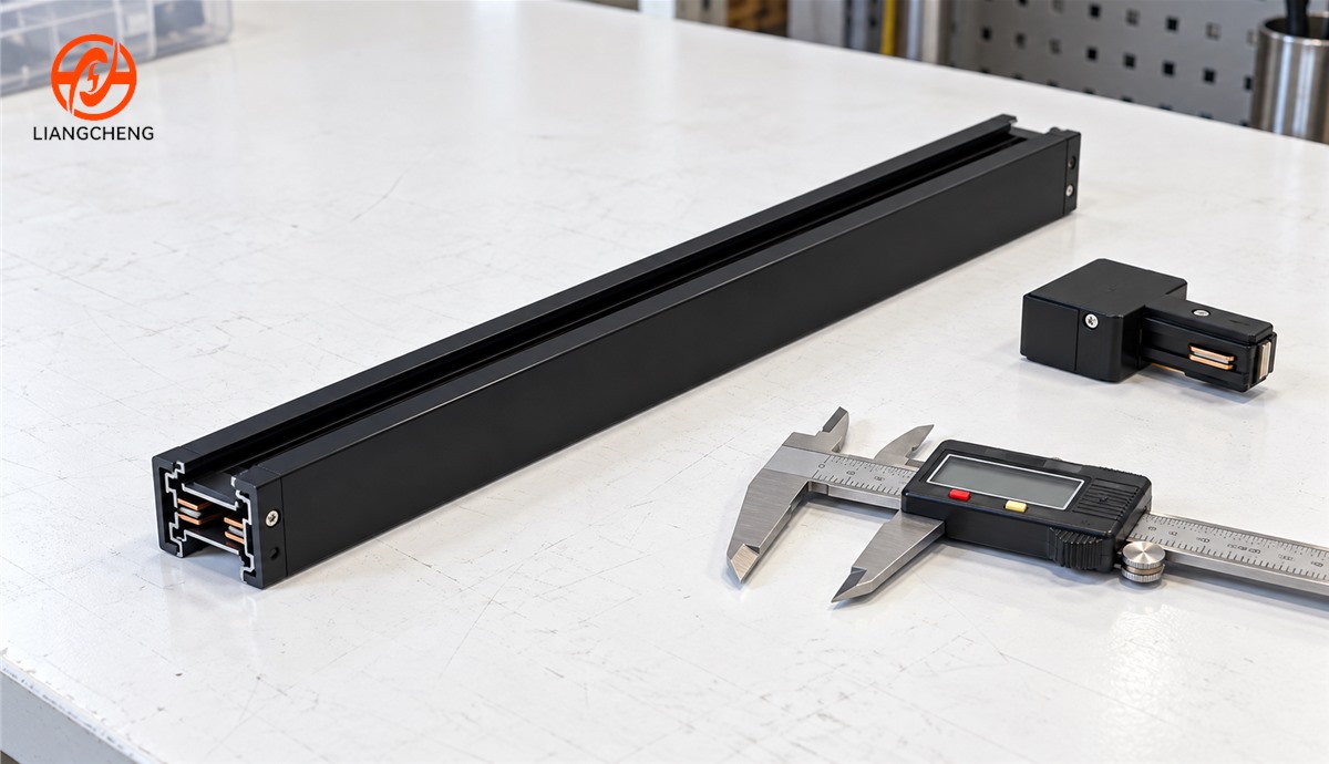 Complete track rail sample, compatible adapter, and caliper prepared for profile measurement
