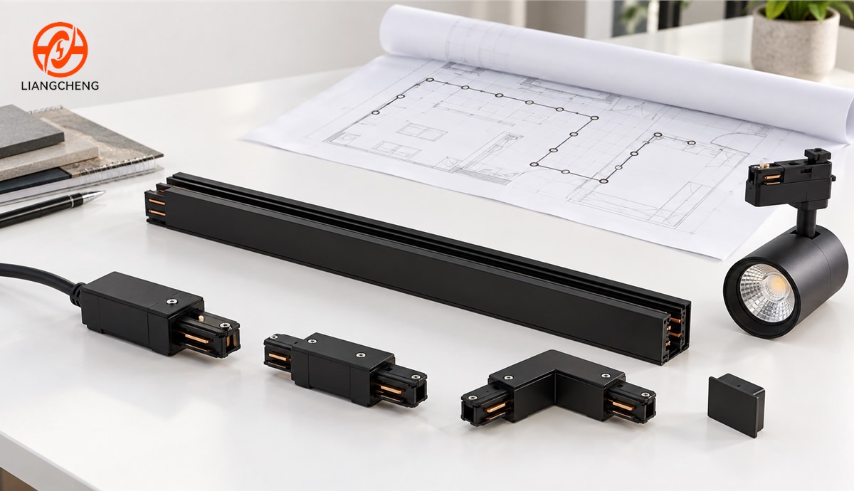 Track rail, power feed, joiner, corner connector, end cap, and spotlight arranged for system review