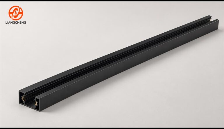 Complete black H-profile track rail with both ends visible on a neutral background