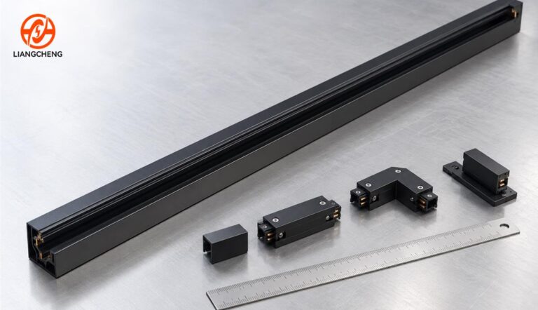 Complete black track rail with connectors and a ruler on a quality-control bench