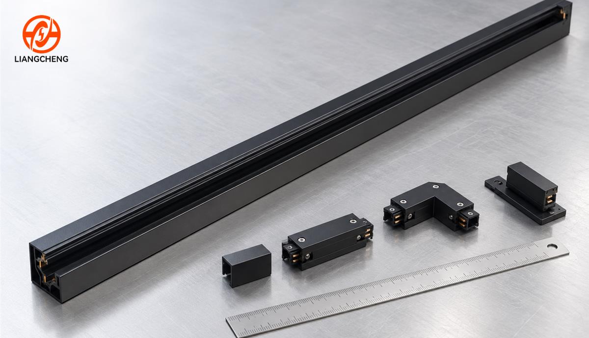 Black track rail and accessory components on a quality-control table