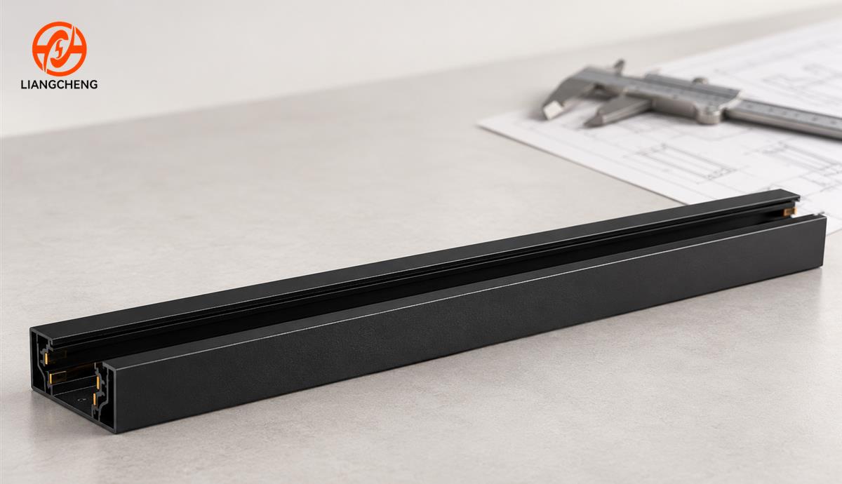 Complete black H-profile track rail on an inspection table with contact channel visible
