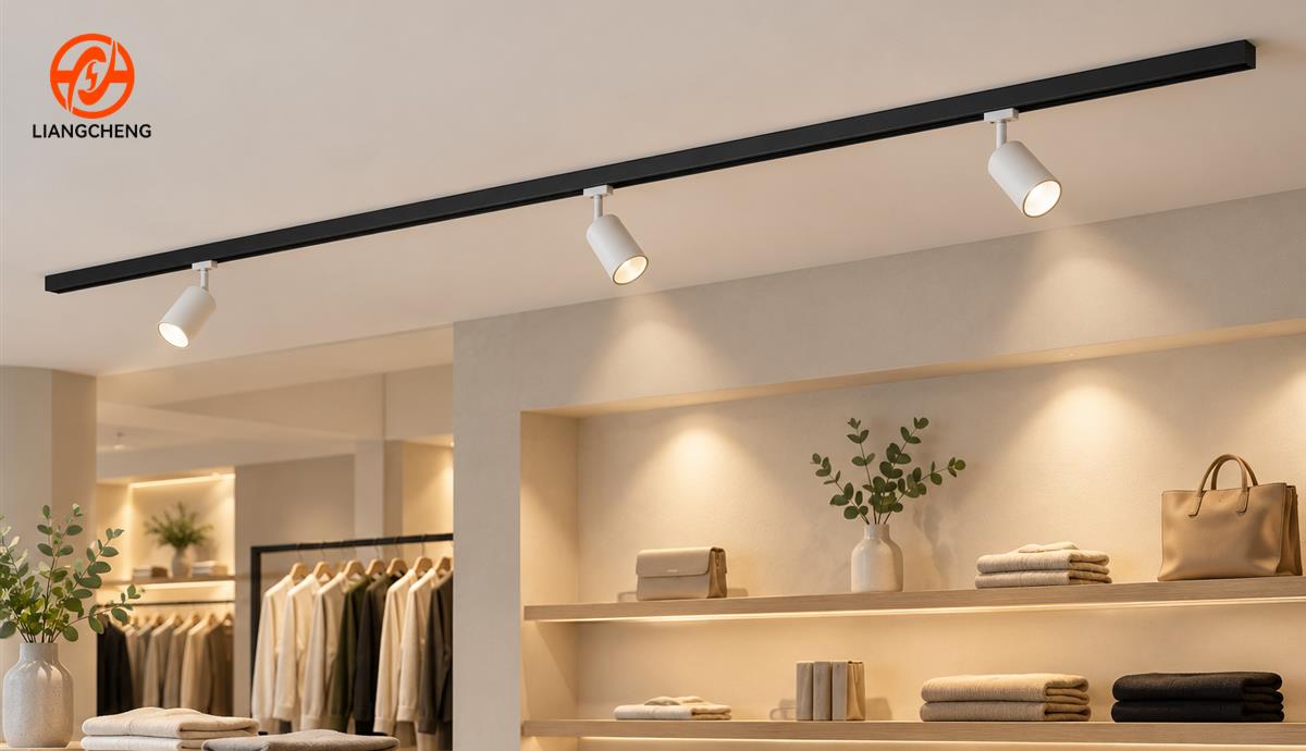 Black track lighting rail and spotlights in a retail showroom
