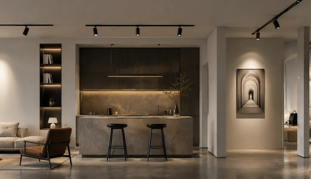 Track lighting in a residential showroom with kitchen, living area and artwork accent lighting