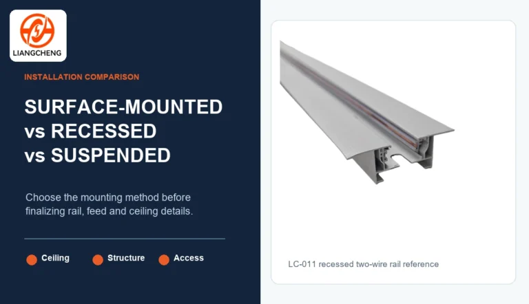 Surface-mounted recessed and suspended track rail installation comparison with Liangcheng LC-011 recessed profile