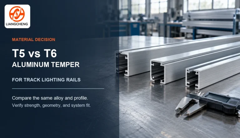 Editorial illustration of aluminum track rail quality inspection for T5 and T6 temper selection