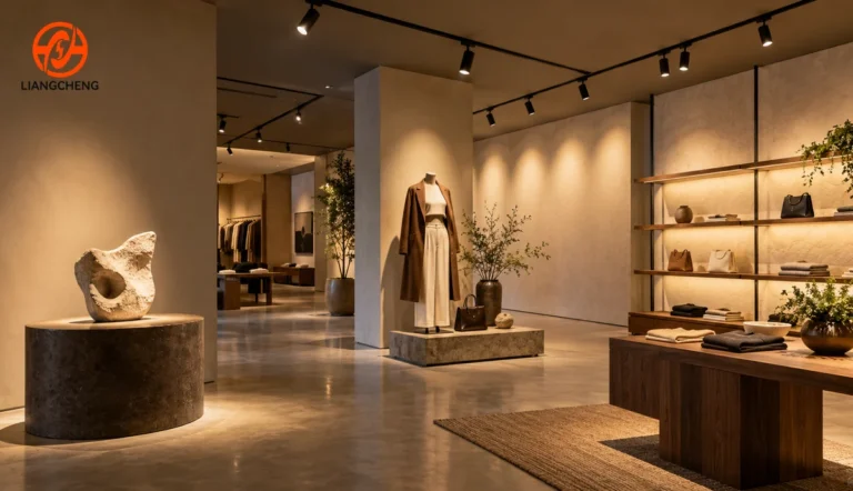 Track lighting scene with focused accent beams and broad ambient illumination in a retail gallery