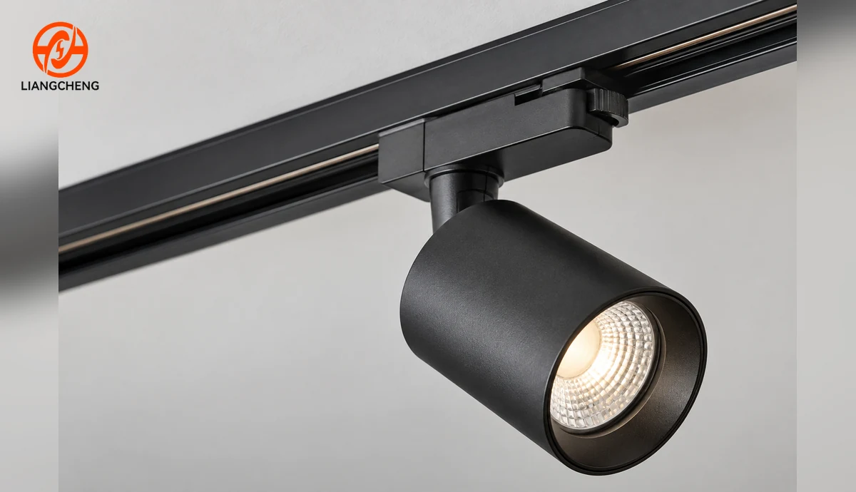 Close view of an LED track light adapter engaged with a lighting rail