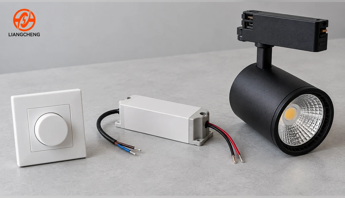 Unbranded dimmer, LED driver and track light head shown as separate system components