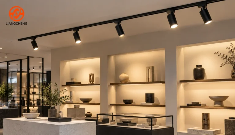 Commercial LED track lighting in a retail interior with multiple track heads