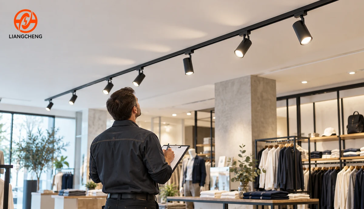 Facilities technician observing a run of retail track lights to identify the affected group