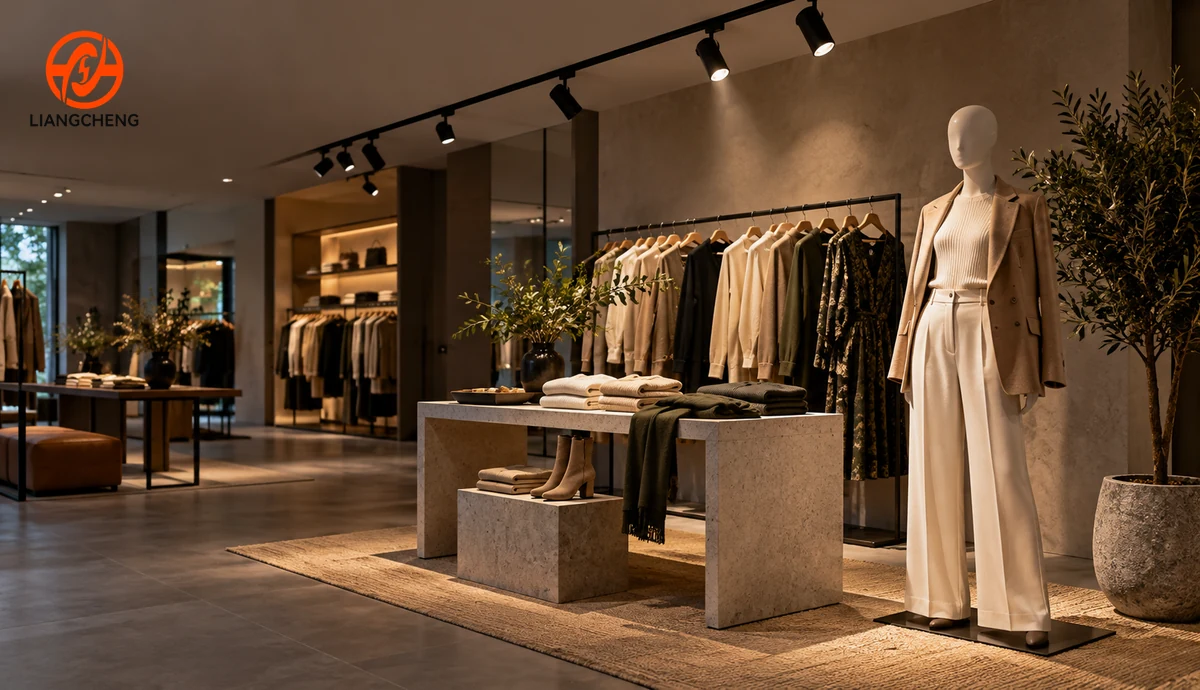 Fashion retail display with track spotlights emphasizing a mannequin and merchandise