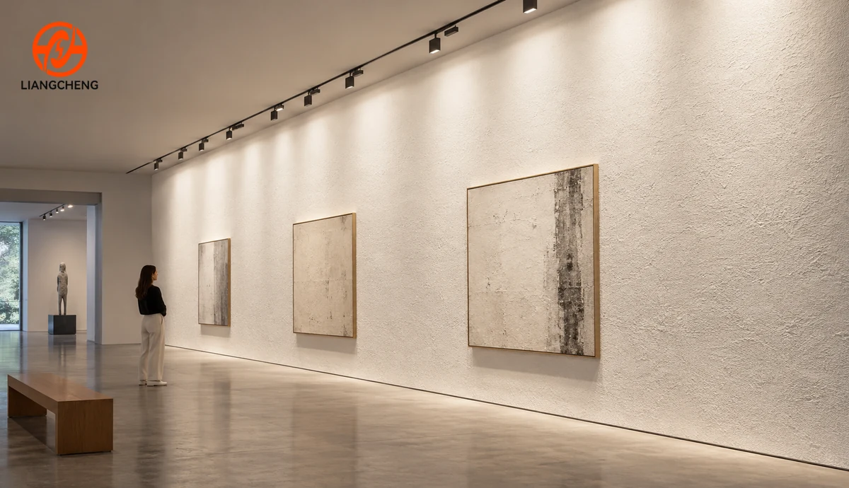 Track wallwashers illuminating a long gallery wall with an even vertical appearance