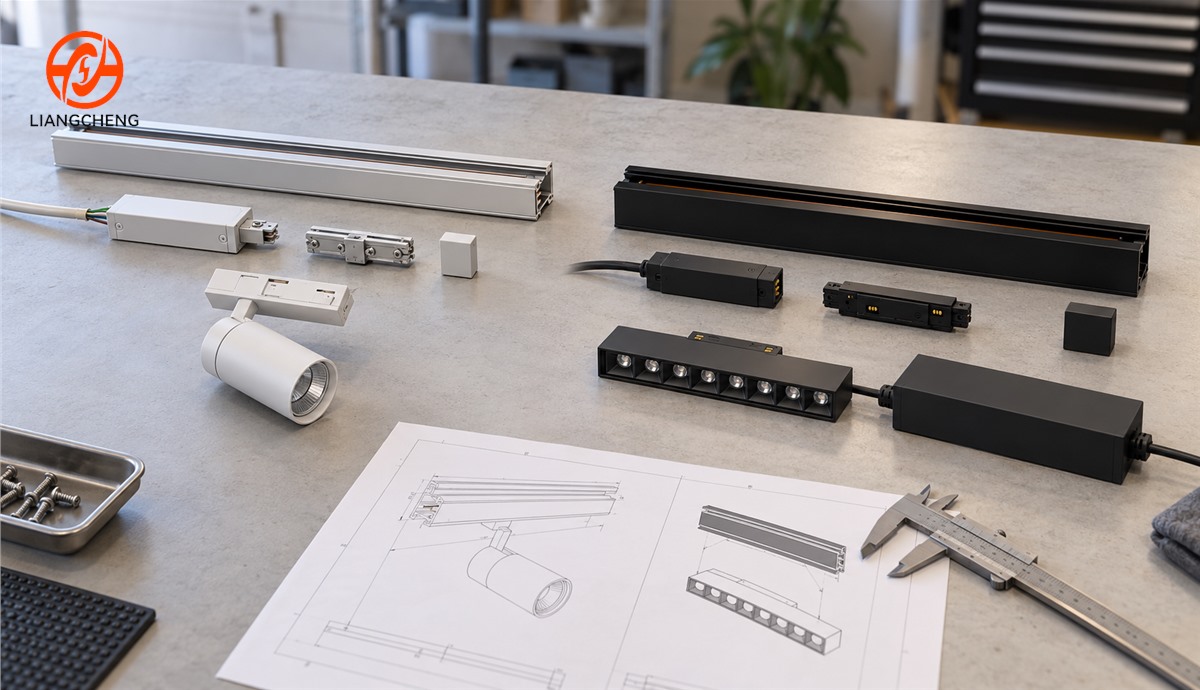 Separate conventional and magnetic track rail sample kits prepared for procurement review