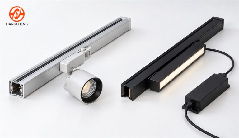 Separate conventional and magnetic rail systems with a spotlight, linear module, and power supply